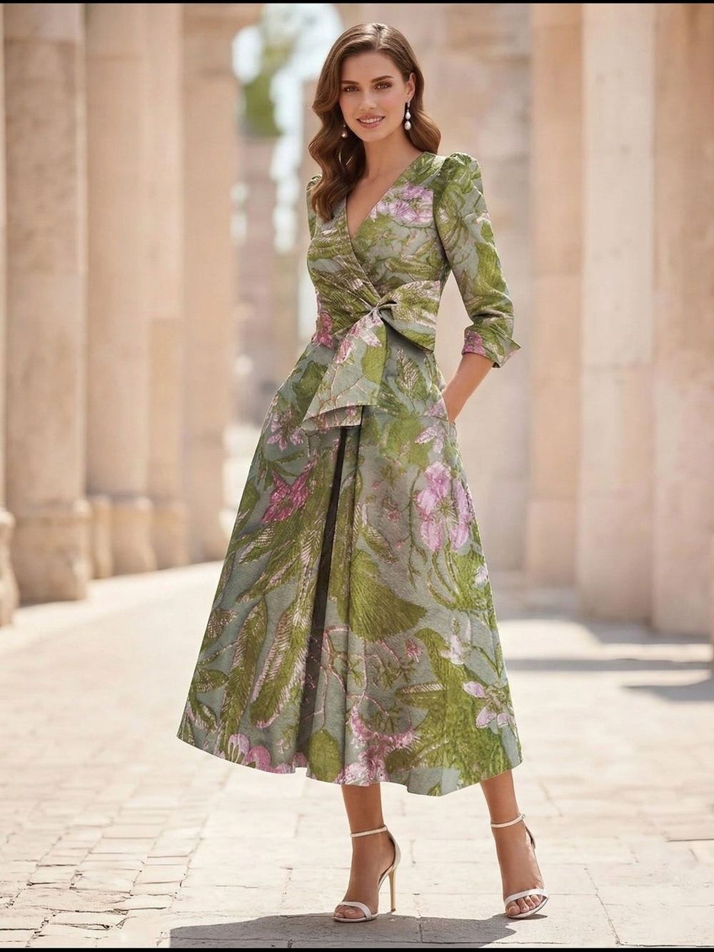 Mondressy Size 8 A-Line V-Neck Floral Printed Dress with Bowknot Mother Of Bride